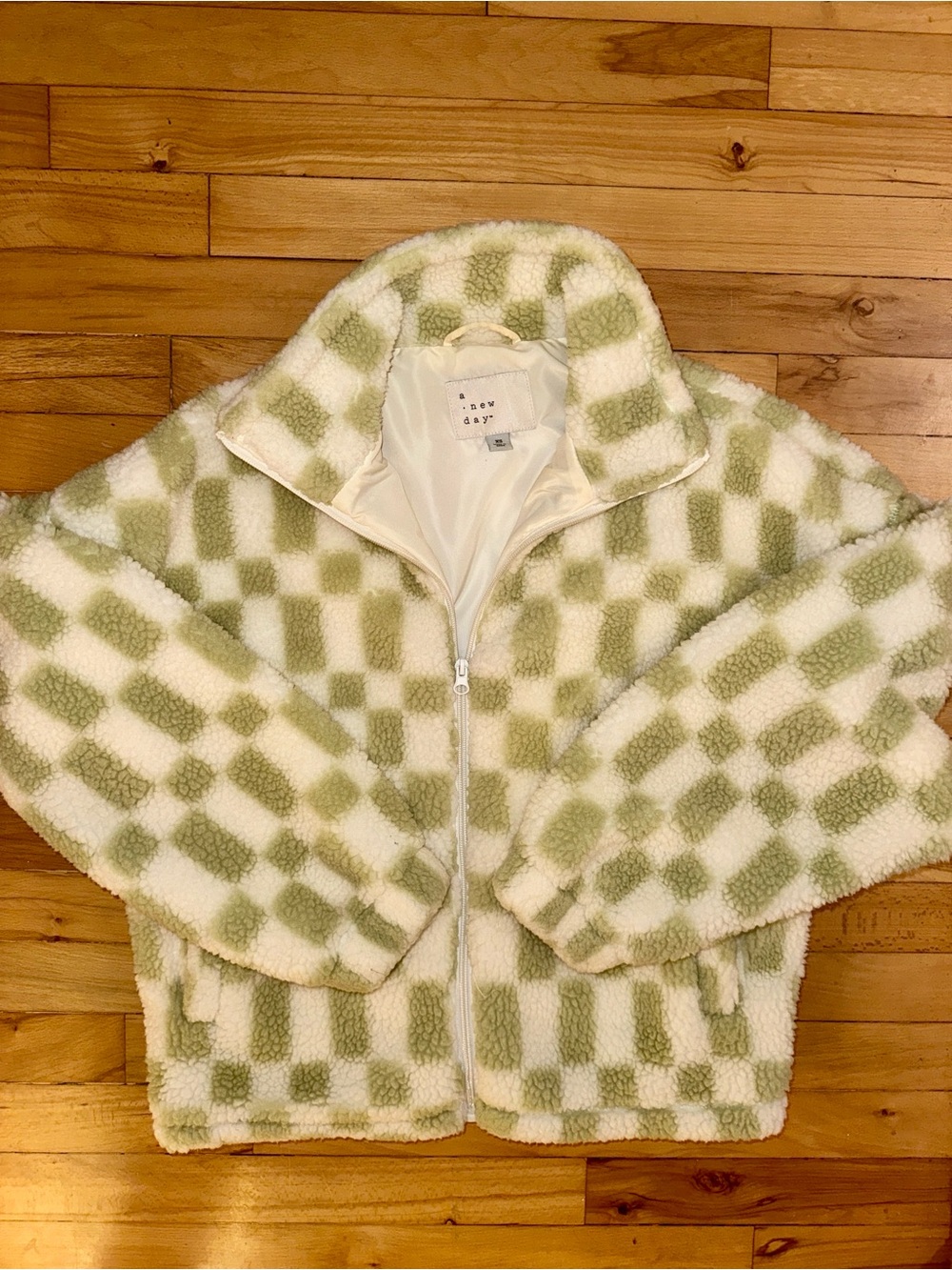 a new day Green and Cream Checkered Teddy Jacket XS